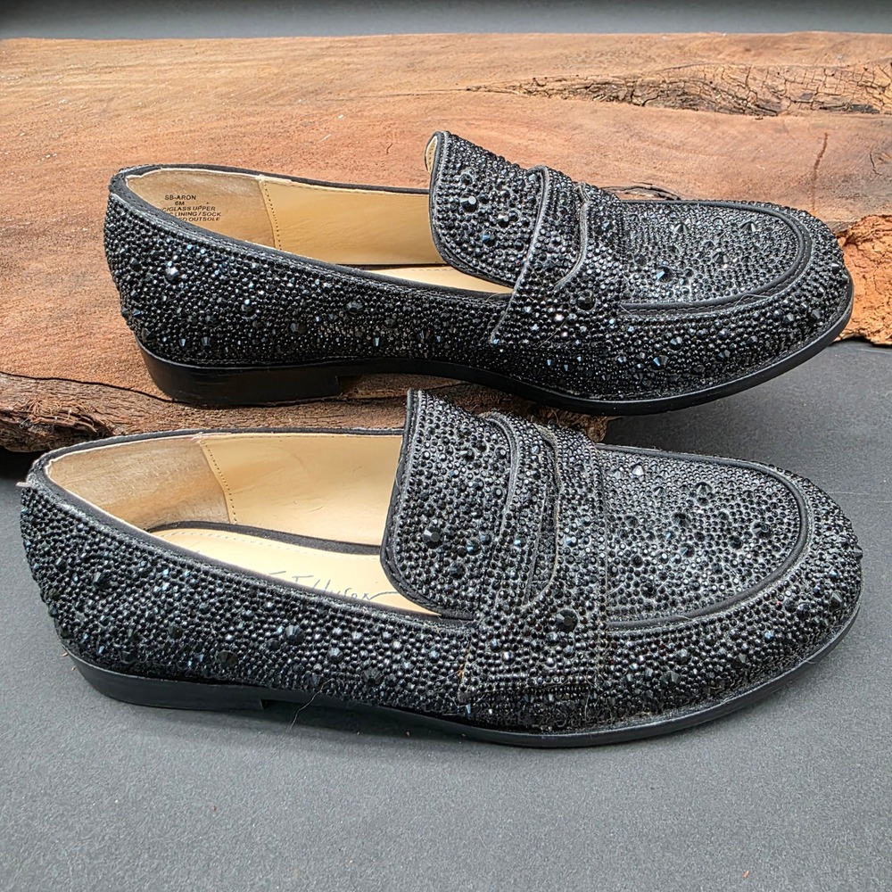 Betsey Johnson SB-ARON Loafers Womens 6M Black Rhinestone Studded Blue Sole Luxe - Picture 3 of 7